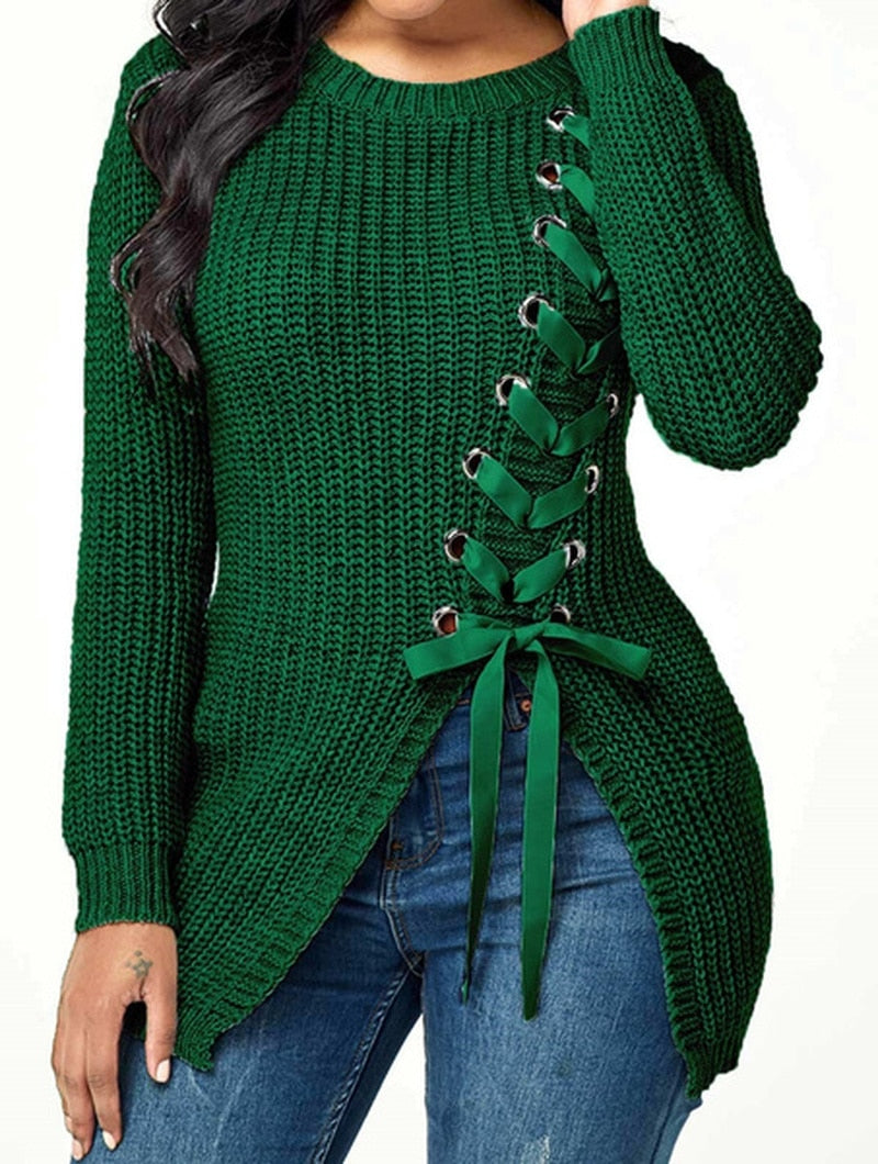 Long Thick Casual Lace-up Sexy Split Sweater With Side Slits