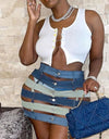 High Waist Denim Hollow Out Color block Skirt
