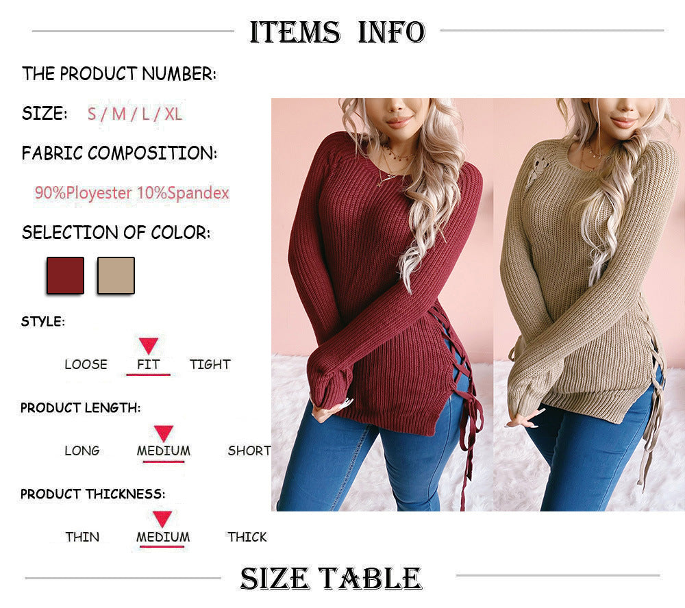 Thick Knitted O Neck Solid Split Cross Bandage Sweater Oullover