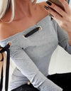 Long Sleeve Off Shoulder Hollow Out Slim Fits Shirt