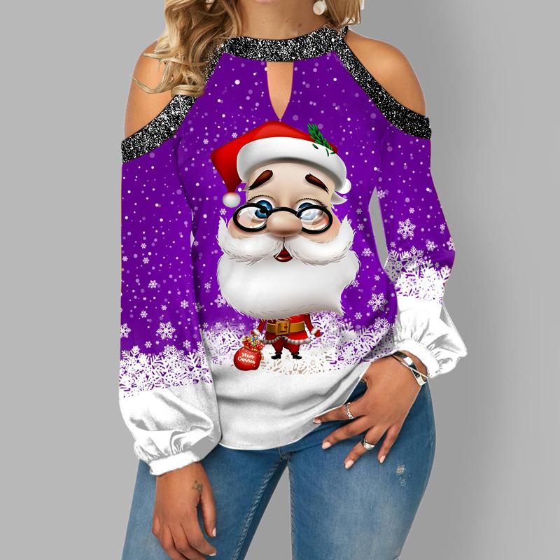 Oversized Santa Print Off-shoulder Long-sleeved Top