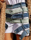 High Waist Denim Hollow Out Color block Skirt