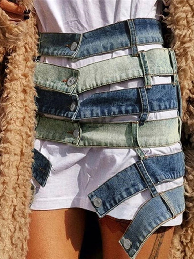 High Waist Denim Hollow Out Color block Skirt