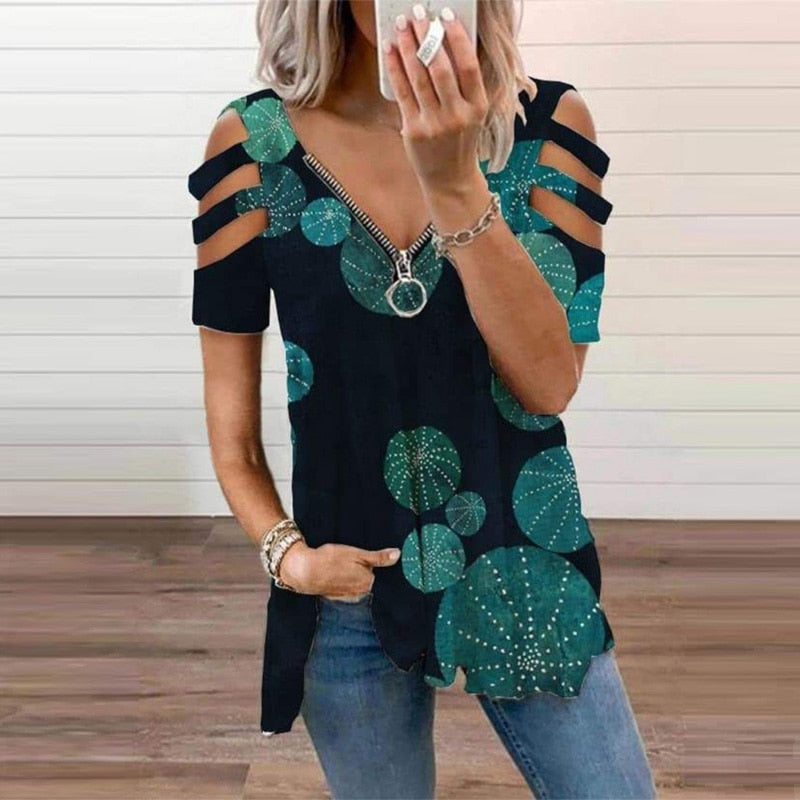 V-Neck Zipper Blouse Pullover