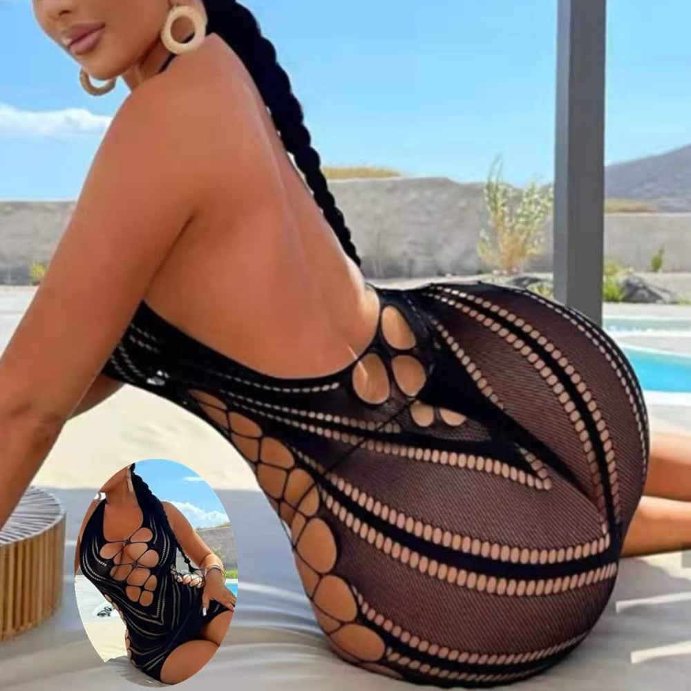 Fishnet Halter Backless Low Cut Dress