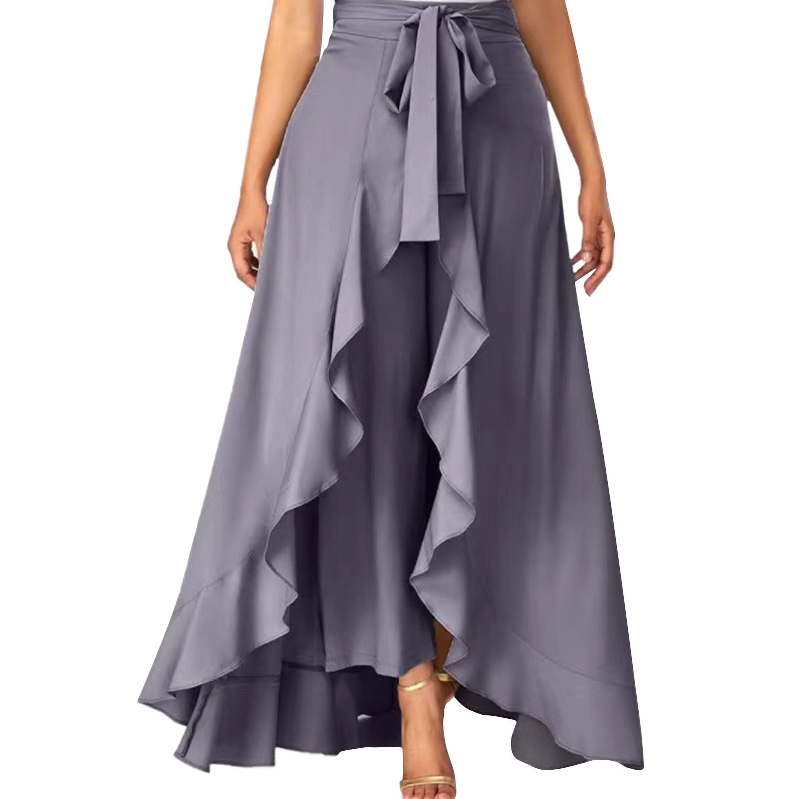 Chiffon Wide-Leg Ruffle Split Tie-Waist Maxi Skirt