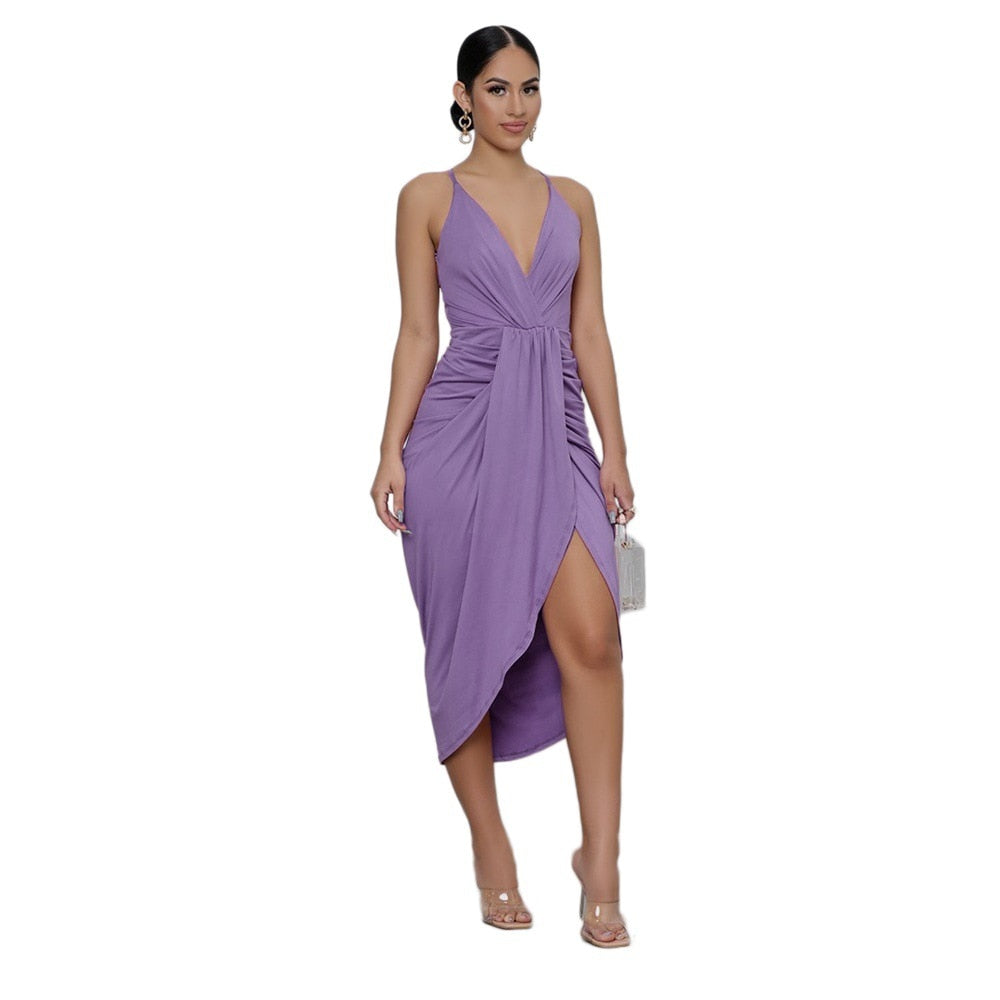 2021 Summer New Casual Purple Chiffon Lace Up Backless Bohemia Split Maxi Sun Dress for Women Pleated Sling Casual Women's Dress