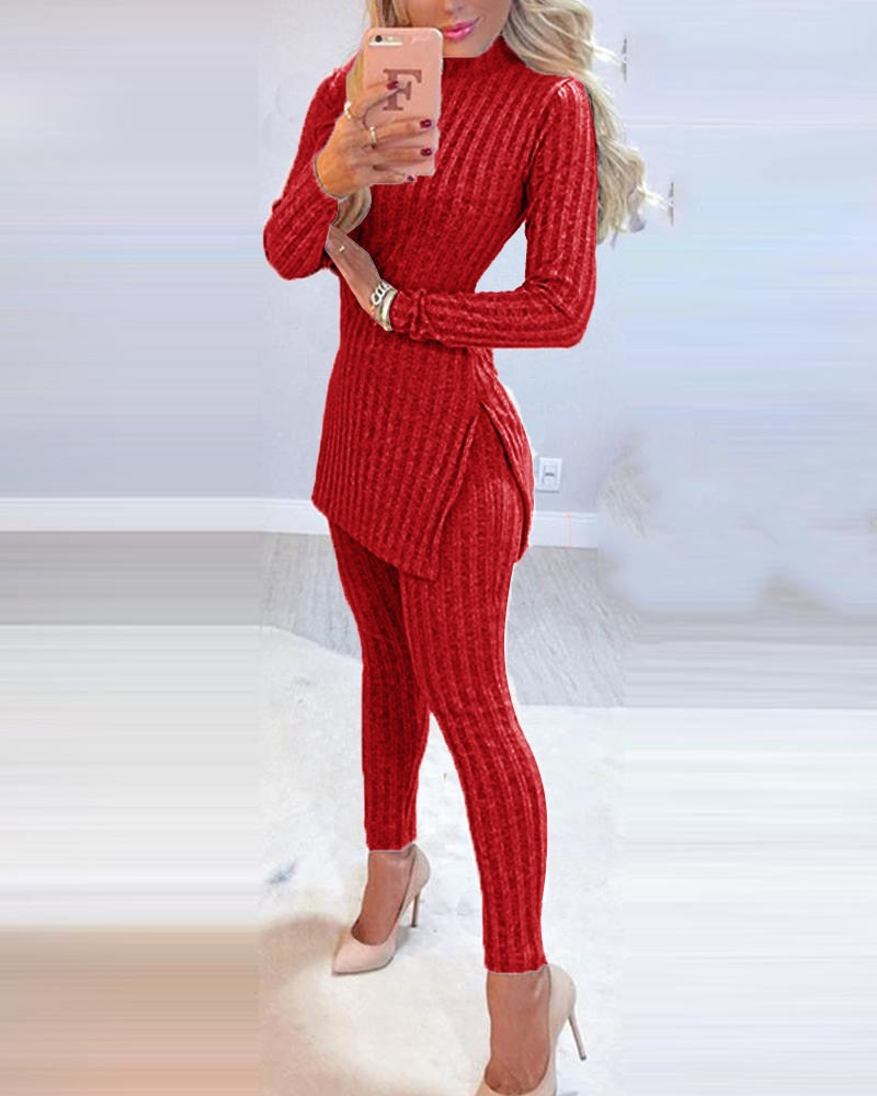 2pcs Long Sleeve Ribbed High Waist Pants Set