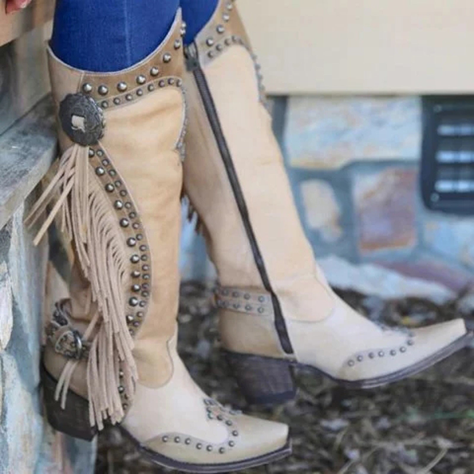 Mid Calf Pu Leather  Cowgirl Retro Boots