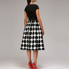 Load image into Gallery viewer, Polka Dot Patchwork Short Sleeve Round Neck Midi Swing Dress
