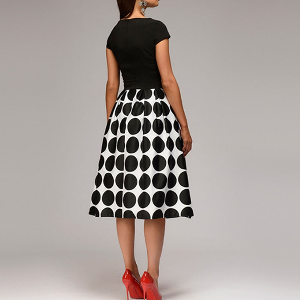 Polka Dot Patchwork Short Sleeve Round Neck Midi Swing Dress