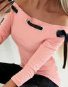 Long Sleeve Off Shoulder Hollow Out Slim Fits Shirt