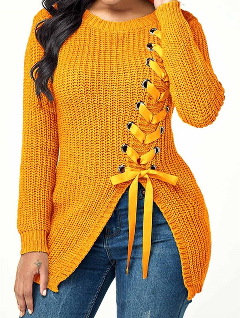 Long Thick Casual Lace-up Sexy Split Sweater With Side Slits