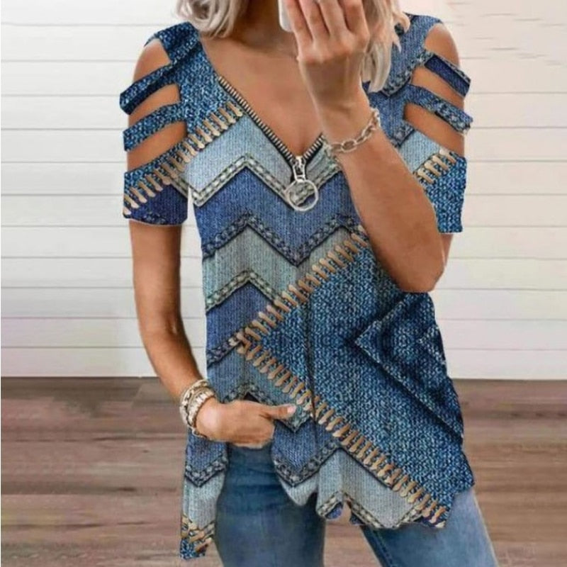 V-Neck Zipper Blouse Pullover