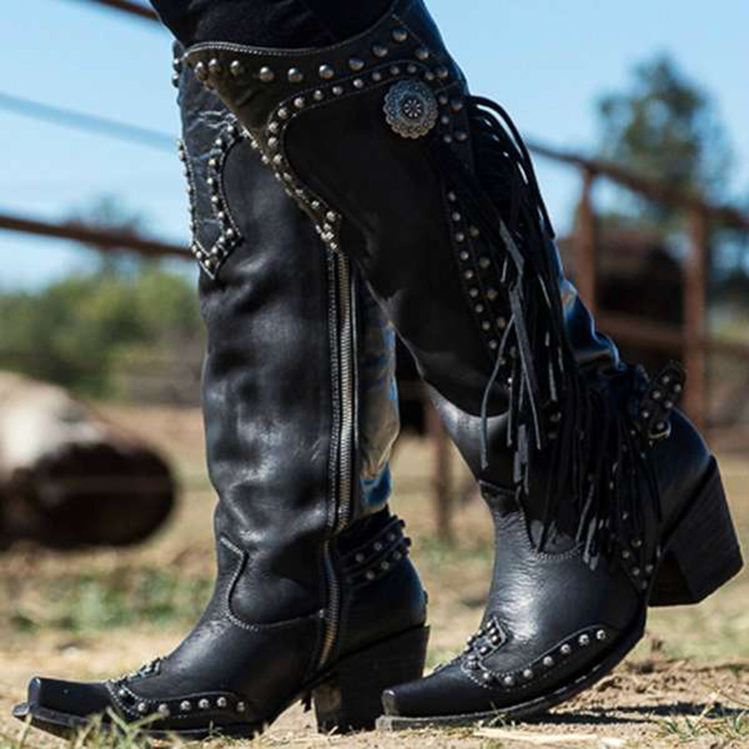 Mid Calf Pu Leather  Cowgirl Retro Boots