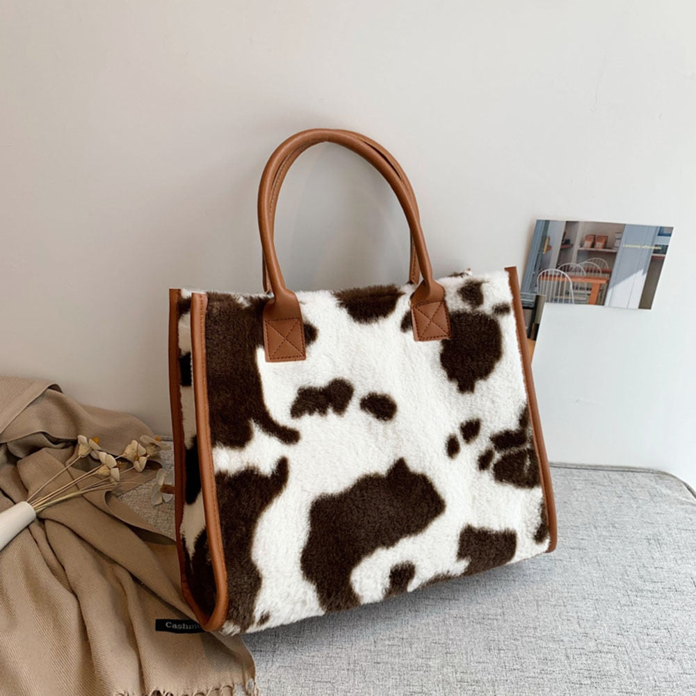 Cow & Leopard Print PU Leather Plush Top-Handle Bag