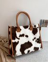 Cow & Leopard Print PU Leather Plush Top-Handle Bag