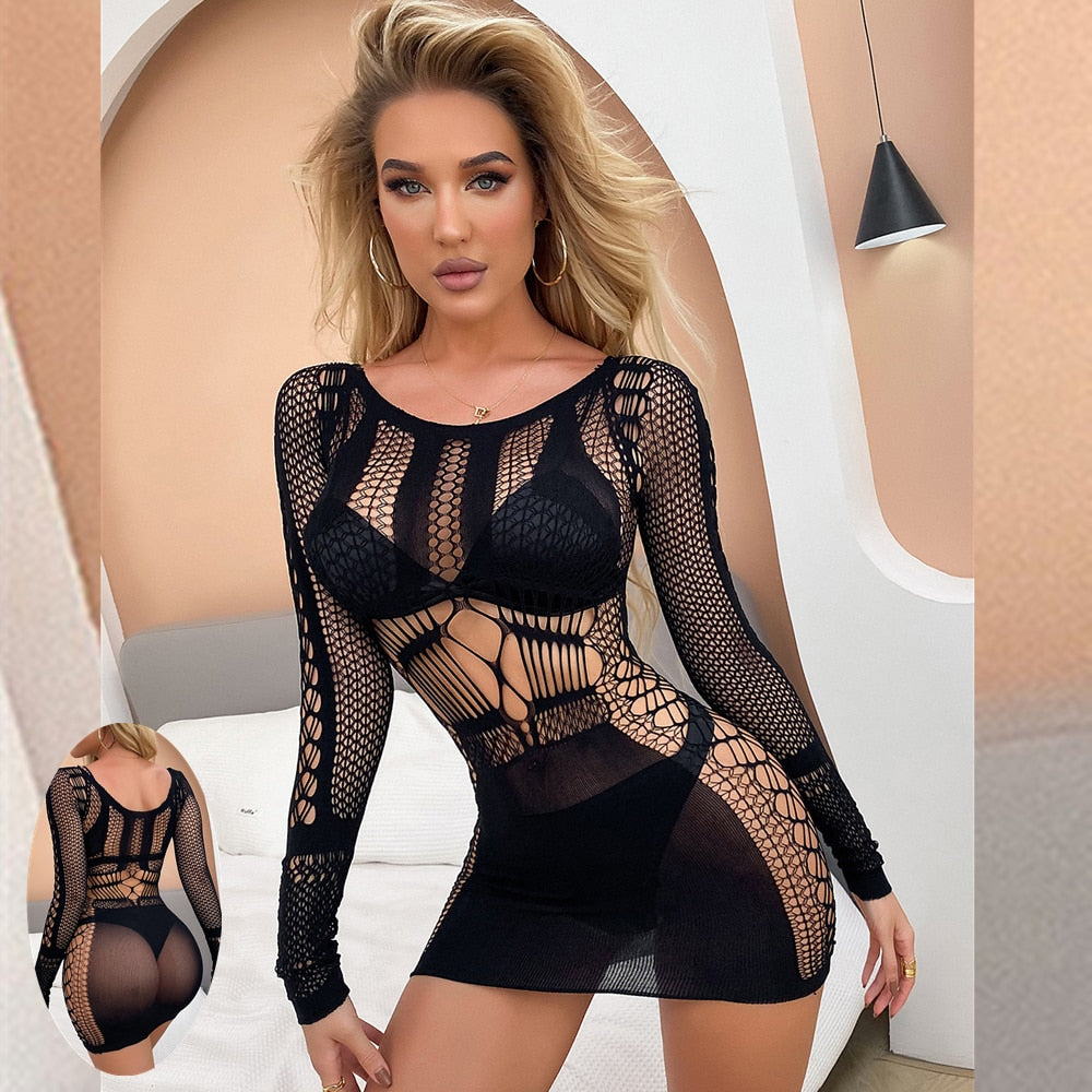 Fishnet Halter Backless Low Cut Dress