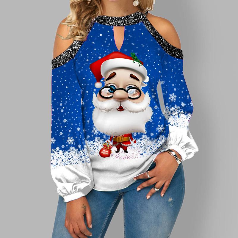 Oversized Santa Print Off-shoulder Long-sleeved Top