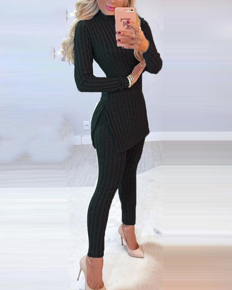 2pcs Long Sleeve Ribbed High Waist Pants Set