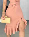Sleeveless Shoulder Ruffle Hem Twist Slit Dress