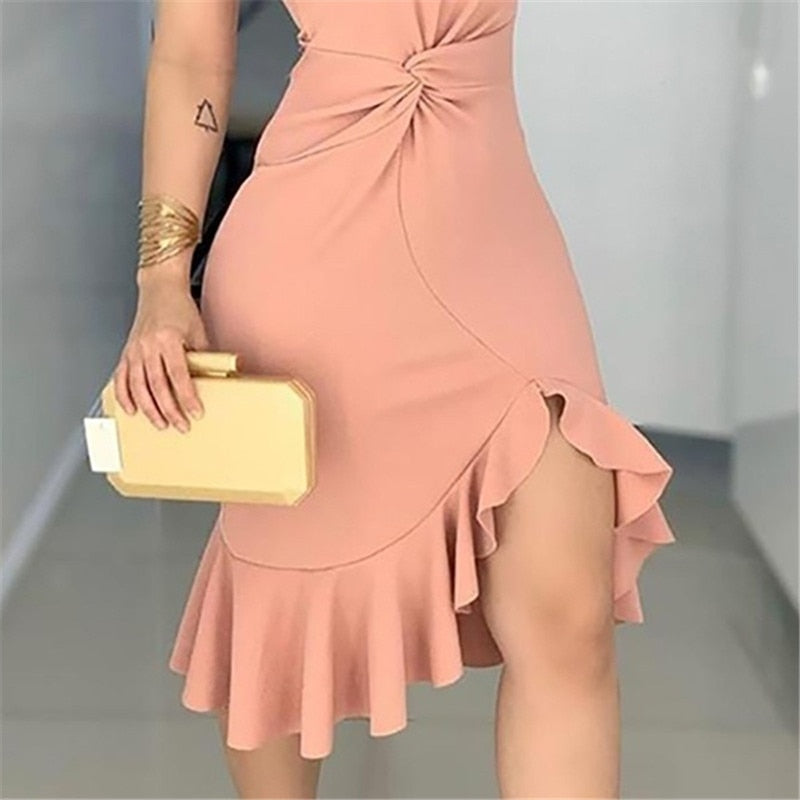 Sleeveless Shoulder Ruffle Hem Twist Slit Dress