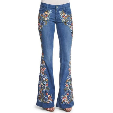 Flower Embroidery Flare Denim Pants