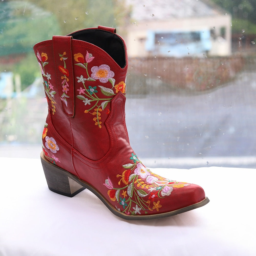 Low Heel embroidered Design Western Short Boots