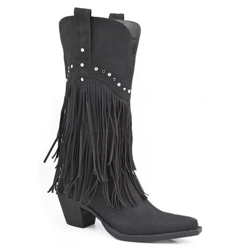 Thick Pointed Heel Tassel High Boots