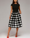 Polka Dot Patchwork Short Sleeve Round Neck Midi Swing Dress