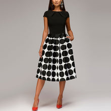 Load image into Gallery viewer, Polka Dot Patchwork Short Sleeve Round Neck Midi Swing Dress
