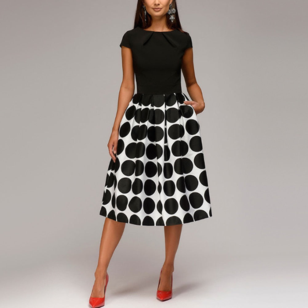 Polka Dot Patchwork Short Sleeve Round Neck Midi Swing Dress