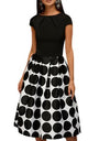Polka Dot Patchwork Short Sleeve Round Neck Midi Swing Dress