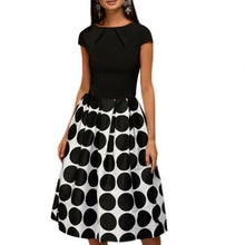 Load image into Gallery viewer, Polka Dot Patchwork Short Sleeve Round Neck Midi Swing Dress
