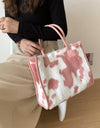 Cow & Leopard Print PU Leather Plush Top-Handle Bag