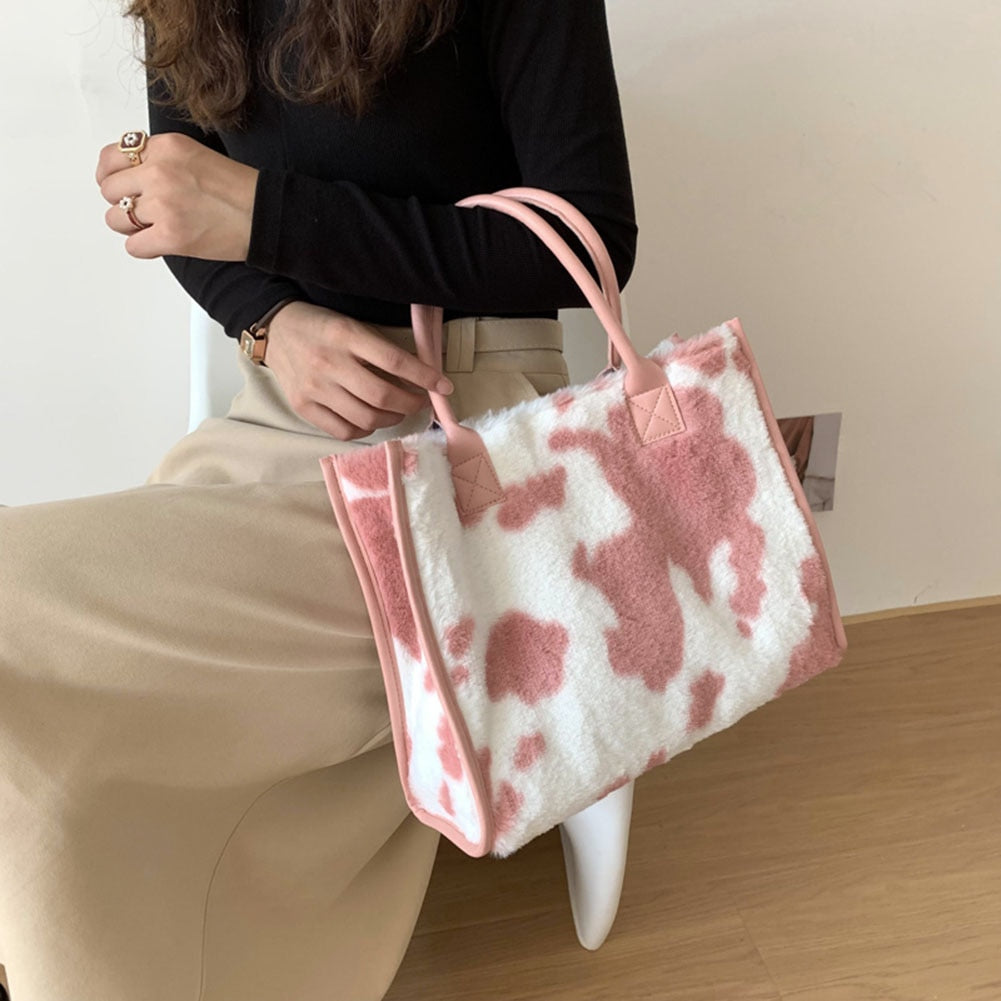 Cow & Leopard Print PU Leather Plush Top-Handle Bag
