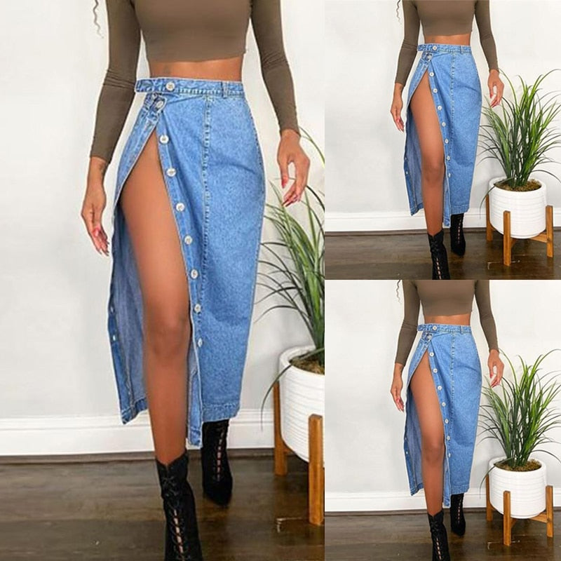 High Waist High Slit Denim Skirt