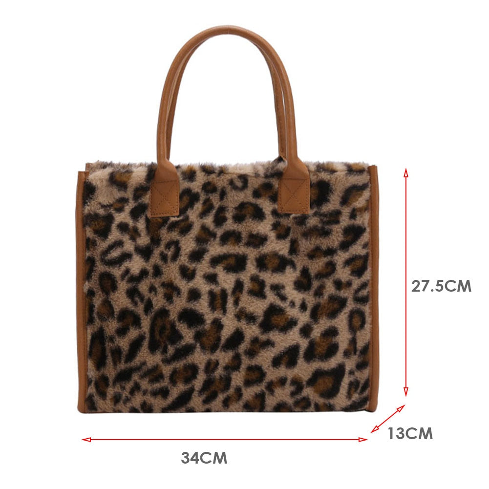 Cow & Leopard Print PU Leather Plush Top-Handle Bag