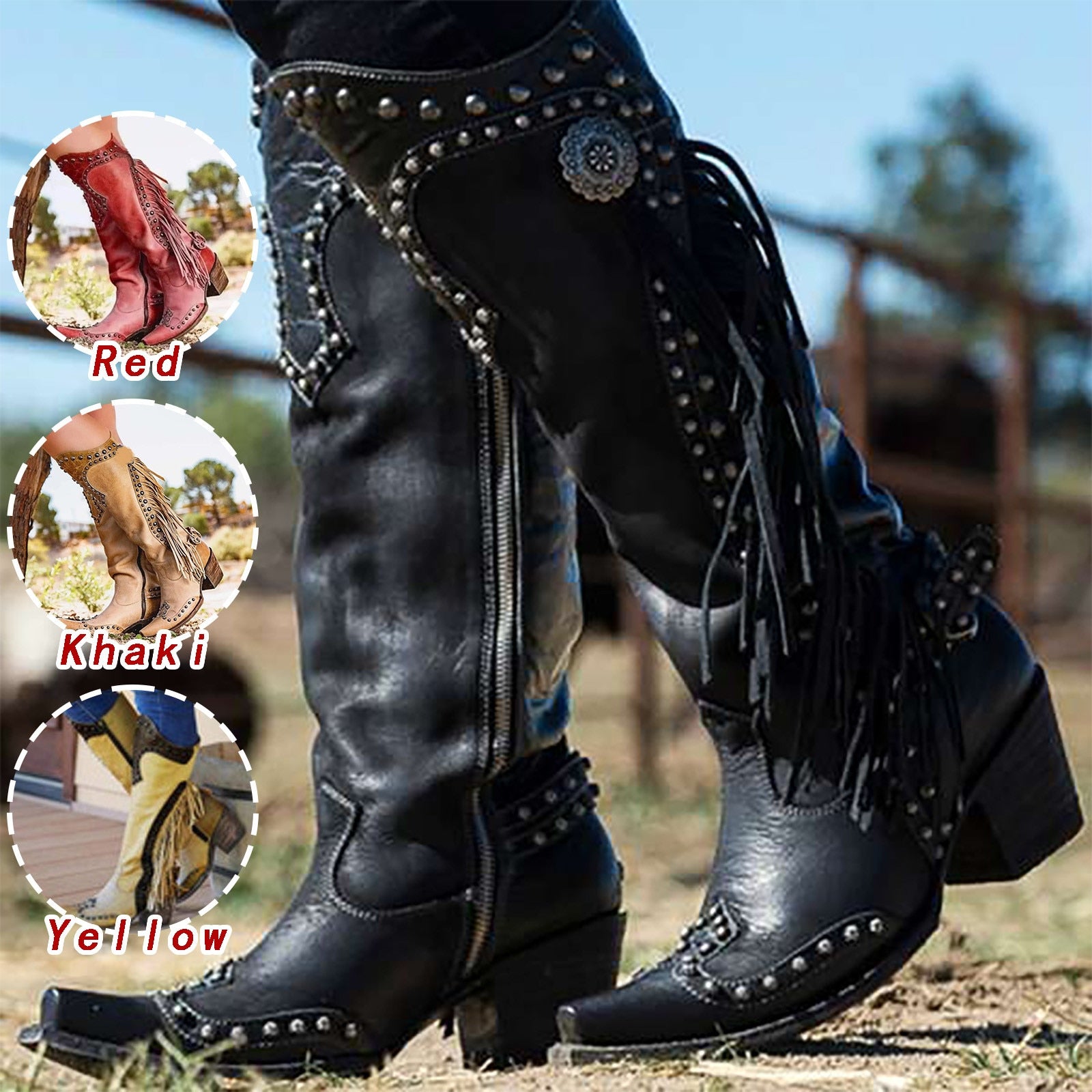 Mid Calf Pu Leather  Cowgirl Retro Boots