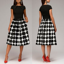 Load image into Gallery viewer, Polka Dot Patchwork Short Sleeve Round Neck Midi Swing Dress
