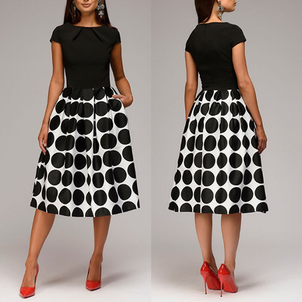 Polka Dot Patchwork Short Sleeve Round Neck Midi Swing Dress