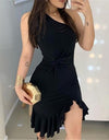 Sleeveless Shoulder Ruffle Hem Twist Slit Dress
