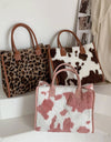 Cow & Leopard Print PU Leather Plush Top-Handle Bag