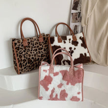 Load image into Gallery viewer, Cow &amp; Leopard Print PU Leather Plush Top-Handle Bag
