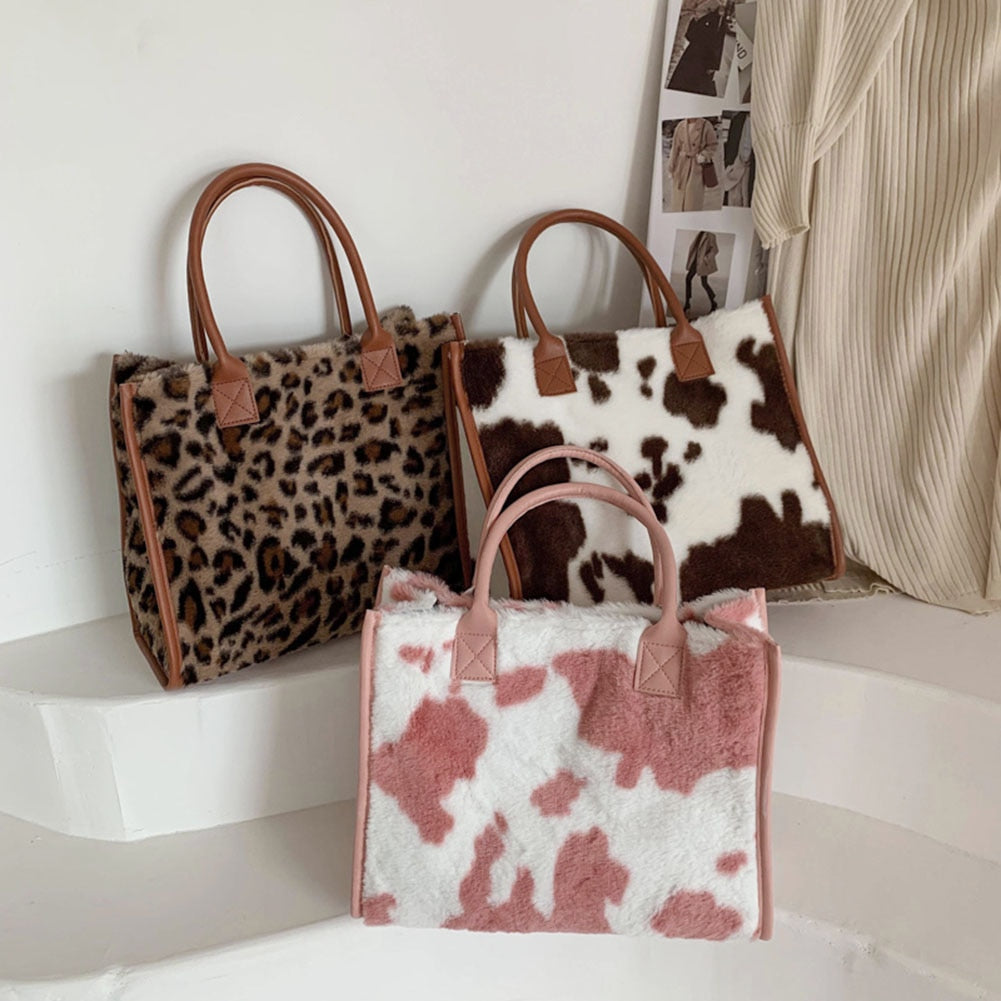 Cow & Leopard Print PU Leather Plush Top-Handle Bag