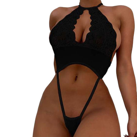 Hollow Out Halter Lace Floral Bodysuit