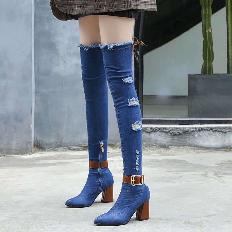 Denim Over The Knee Stretch High Heel Pointed Toe Boots