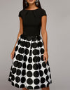 Polka Dot Patchwork Short Sleeve Round Neck Midi Swing Dress