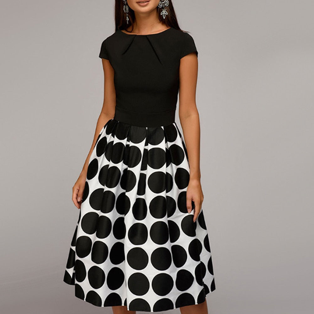 Polka Dot Patchwork Short Sleeve Round Neck Midi Swing Dress