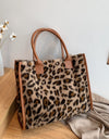 Cow & Leopard Print PU Leather Plush Top-Handle Bag